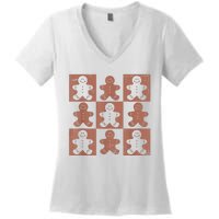 Retro Checkered Gingerbread Man Distressed Christmas Pajamas Women's V-Neck T-Shirt