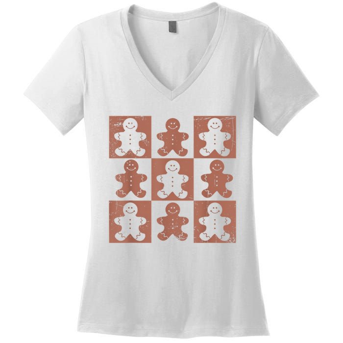 Retro Checkered Gingerbread Man Distressed Christmas Pajamas Women's V-Neck T-Shirt