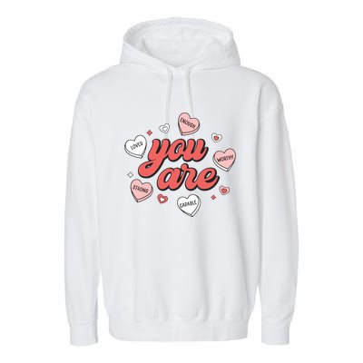 Retro Candy Heart Teacher Valentines Day You Are Enough Garment-Dyed Fleece Hoodie