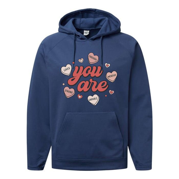 Retro Candy Heart Teacher Day You Are Enough Performance Fleece Hoodie