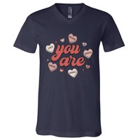 Retro Candy Heart Teacher Day You Are Enough V-Neck T-Shirt