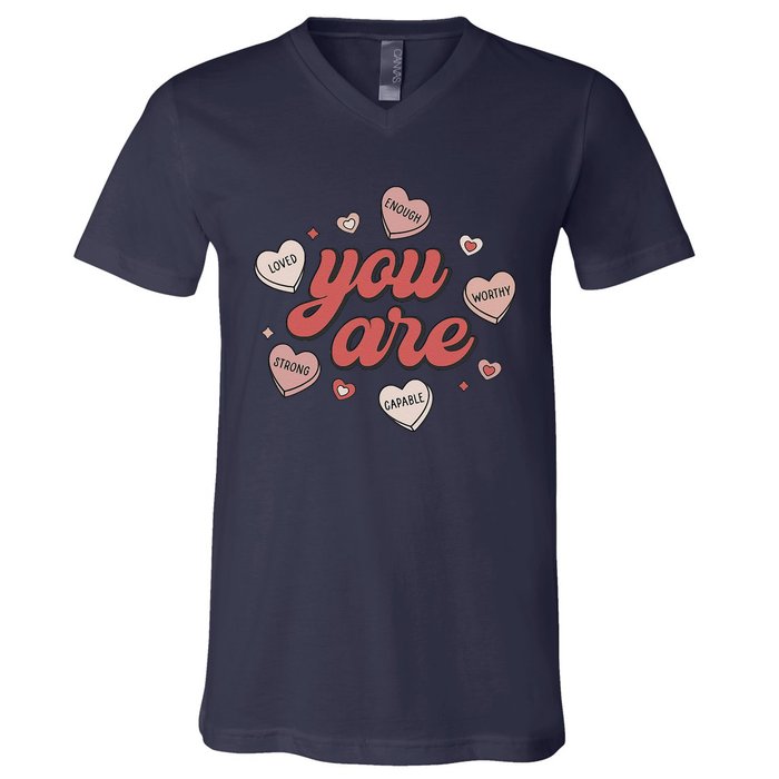 Retro Candy Heart Teacher Day You Are Enough V-Neck T-Shirt