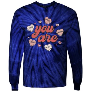 Retro Candy Heart Teacher Day You Are Enough Tie-Dye Long Sleeve Shirt