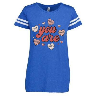 Retro Candy Heart Teacher Day You Are Enough Enza Ladies Jersey Football T-Shirt