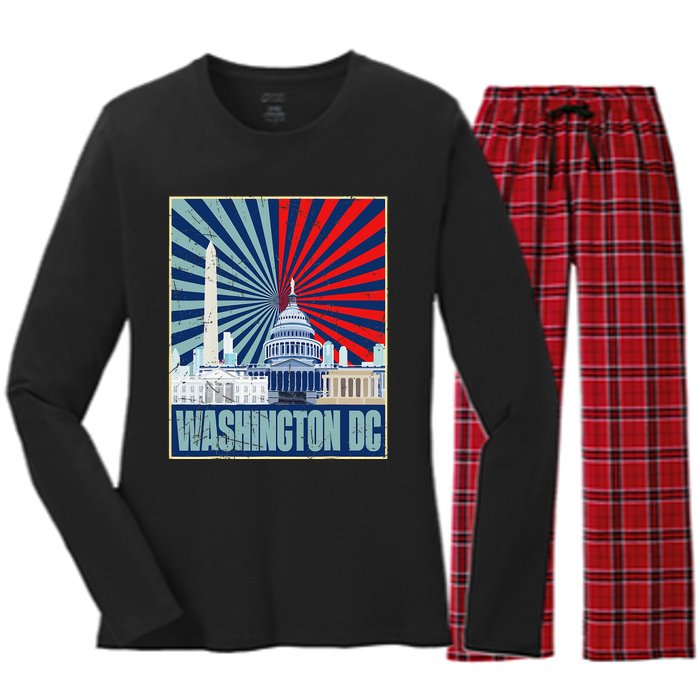 Retro Capitol Hill Washington DC American Flag 4th Of July Women's Long Sleeve Flannel Pajama Set 