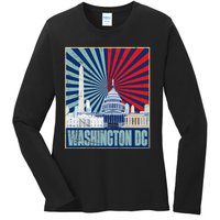 Retro Capitol Hill Washington DC American Flag 4th Of July Ladies Long Sleeve Shirt