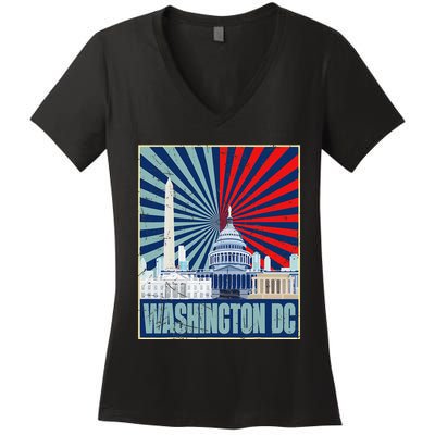 Retro Capitol Hill Washington DC American Flag 4th Of July Women's V-Neck T-Shirt