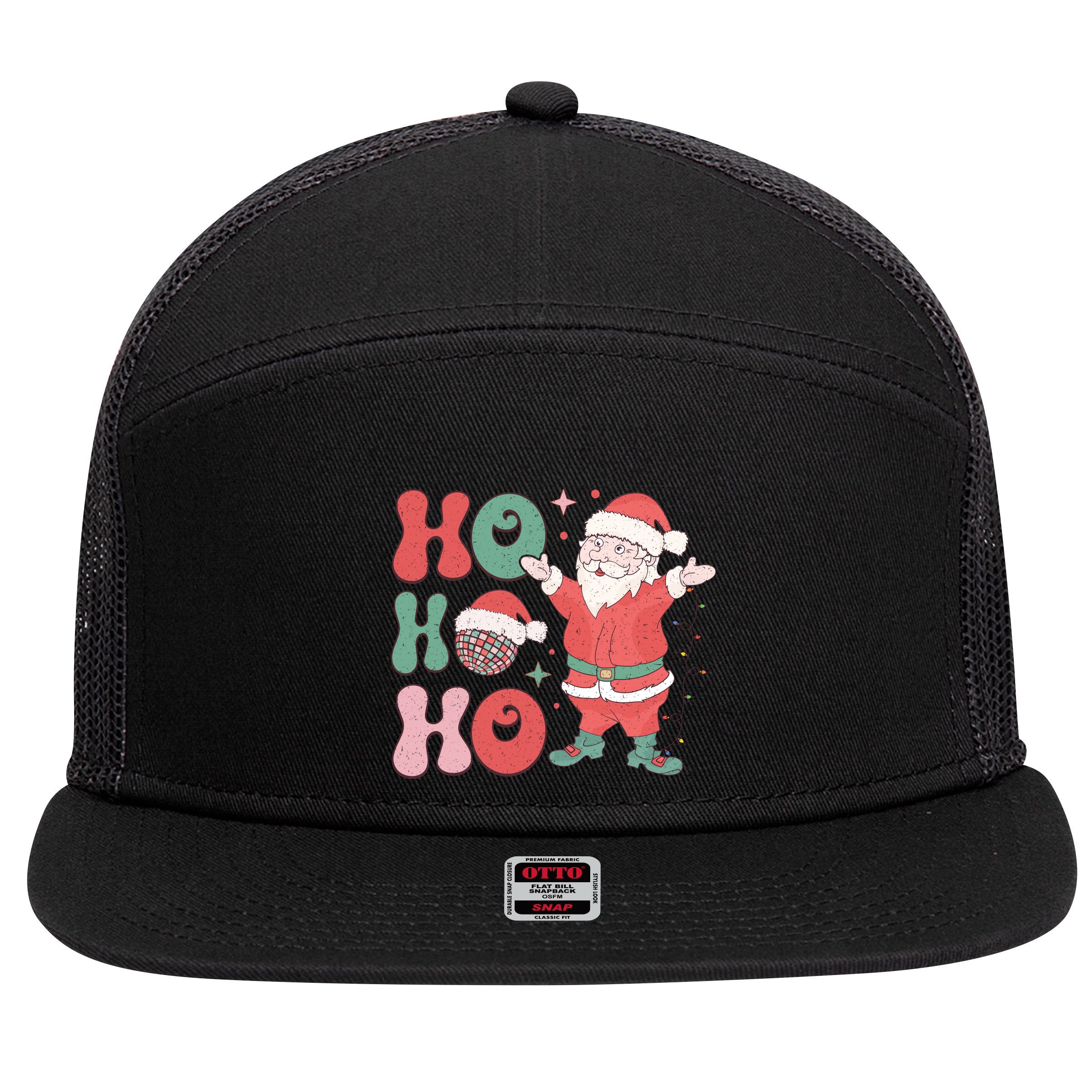 Retro Christmas Ho Ho Ho Design 7 Panel Mesh Trucker Snapback Hat