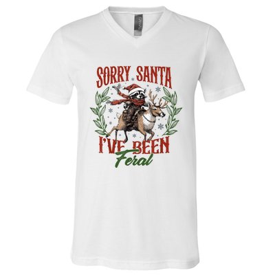 Raccoon Christmas Holiday Sorry Santa Ive Been Feral V-Neck T-Shirt