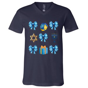 Retro Coquette Hanukkah Dreidel Menorah Chanukah Jewish V-Neck T-Shirt