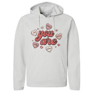 Retro Candy Heart Teacher Valentines Day You Are Enough Performance Fleece Hoodie