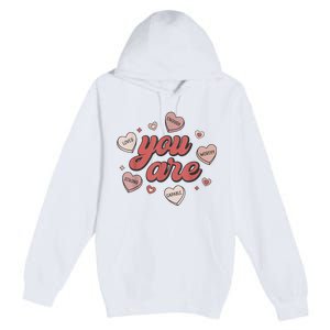 Retro Candy Heart Teacher Valentines Day You Are Enough Premium Pullover Hoodie