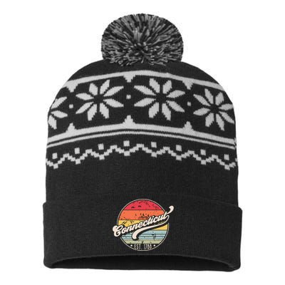 Retro Connecticut Home State Ct Cool 70s Style Sunset USA-Made Snowflake Beanie