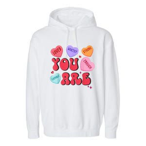 Retro Candy Heart Teacher Valentines Day You Enough Garment-Dyed Fleece Hoodie