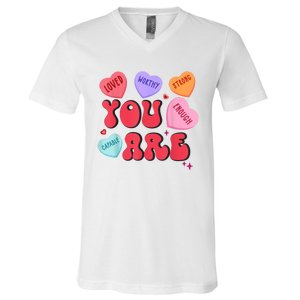 Retro Candy Heart Teacher Valentines Day You Enough V-Neck T-Shirt