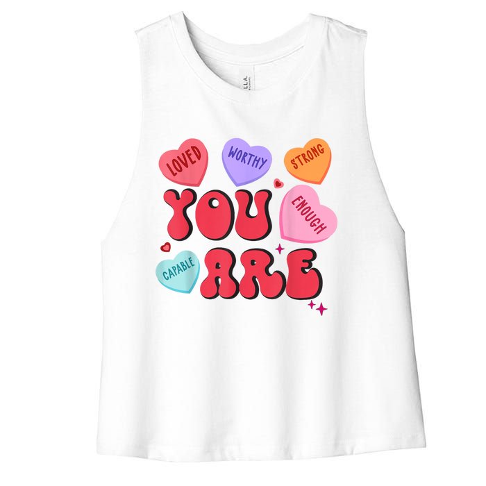 Retro Candy Heart Teacher Valentines Day You Enough Women's Racerback Cropped Tank