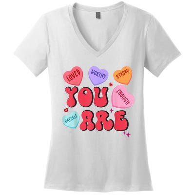 Retro Candy Heart Teacher Valentines Day You Enough Women's V-Neck T-Shirt