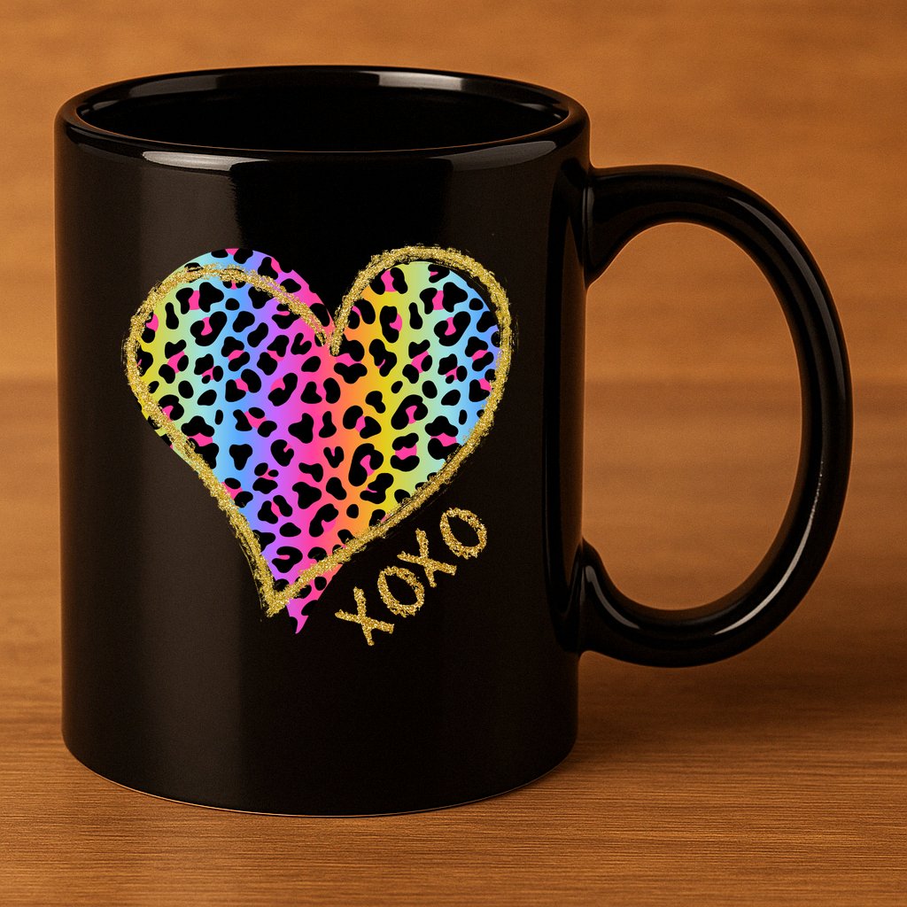 Rainbow Cheetah Heart Xoxo 11oz C Handle Ceramic Mug