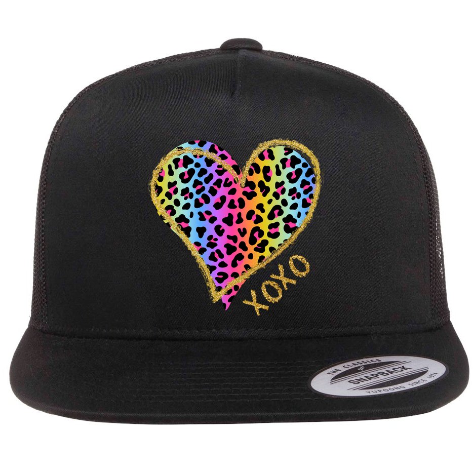 Rainbow Cheetah Heart Xoxo Flat Bill Trucker Hat