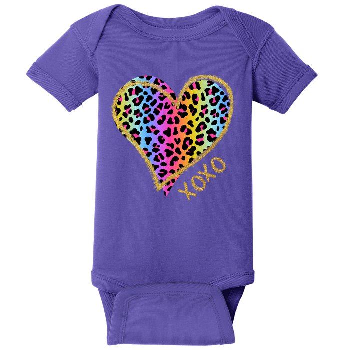 Rainbow Cheetah Heart Xoxo Baby Bodysuit