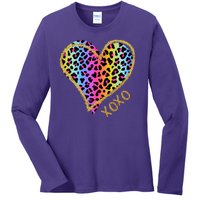 Rainbow Cheetah Heart Xoxo Ladies Long Sleeve Shirt