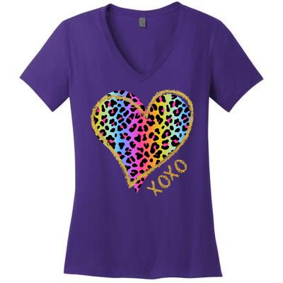 Rainbow Cheetah Heart Xoxo Women's V-Neck T-Shirt