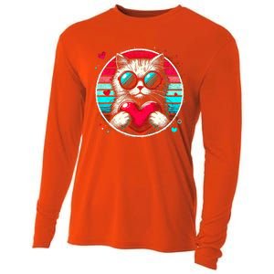 Retro Cat Heart Glasses Cute Heart Cat ValentineS Day Cool Gift Cooling Performance Long Sleeve Crew