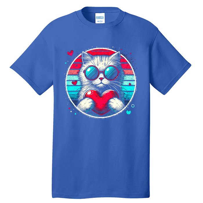 Retro Cat Heart Glasses Cute Heart Cat ValentineS Day Cool Gift Tall T-Shirt