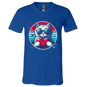 Retro Cat Heart Glasses Cute Heart Cat ValentineS Day Cool Gift V-Neck T-Shirt