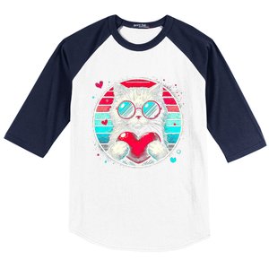 Retro Cat Heart Glasses Cute Heart Cat ValentineS Day Cool Gift Baseball Sleeve Shirt