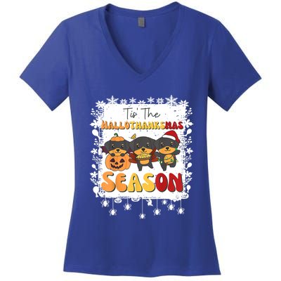 Rottweiler Christmas Halloween Tis The Hallothanksmas Gift Women's V-Neck T-Shirt