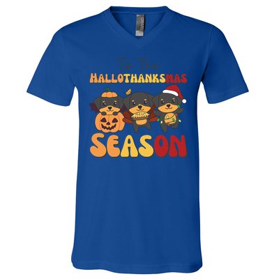 Rottweiler Christmas Halloween Tis The Hallothanksmas Gift V-Neck T-Shirt