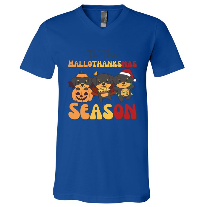 Rottweiler Christmas Halloween Tis The Hallothanksmas Gift V-Neck T-Shirt