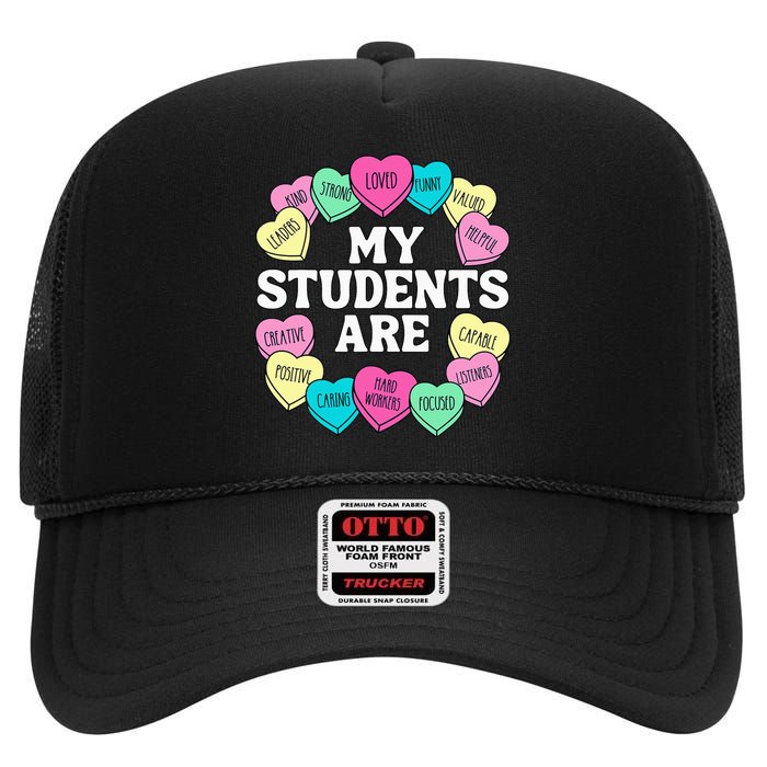 Retro Candy Heart Teacher Valentine's Positive Affirmation High Crown Mesh Back Trucker Hat