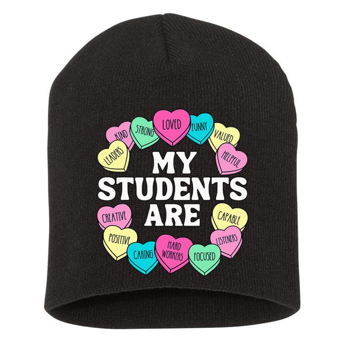 Retro Candy Heart Teacher Valentine's Positive Affirmation Short Acrylic Beanie