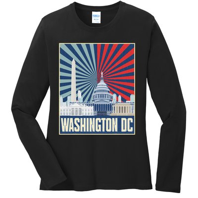 Retro Capitol Hill Washington Dc American Flag Ladies Long Sleeve Shirt