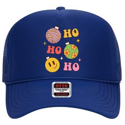 Retro Christmas Ho Ho Ho Festive Holiday High Crown Mesh Back Trucker Hat