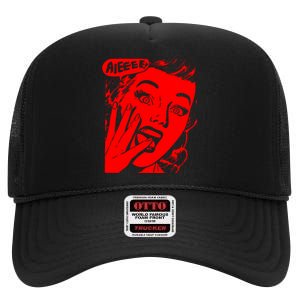 Retro Creepy Horror Girl Screaming High Crown Mesh Back Trucker Hat