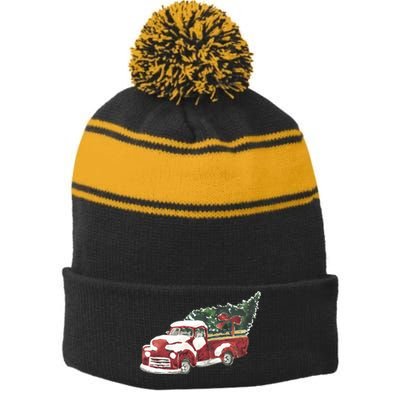 Retro Christmas Holiday Truck Stripe Pom Pom Beanie