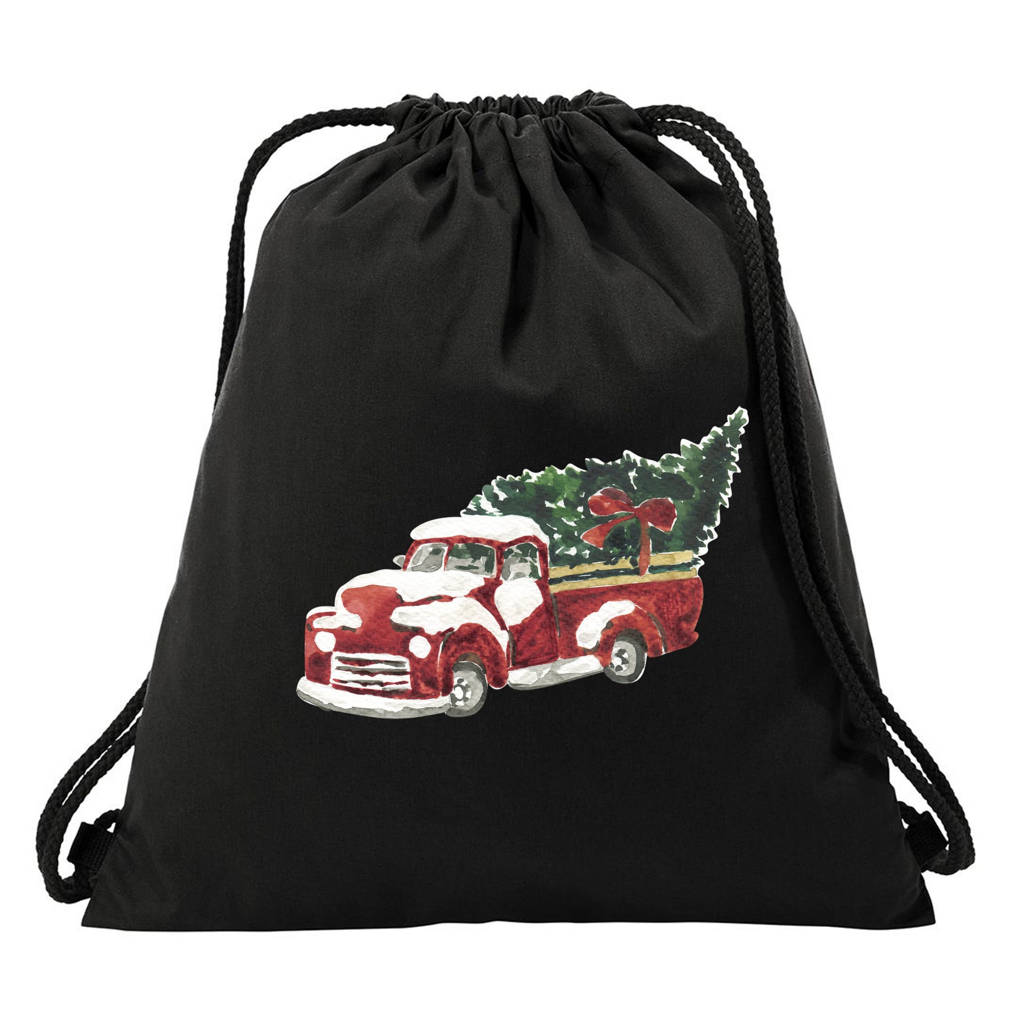 Retro Christmas Holiday Truck Drawstring Bag
