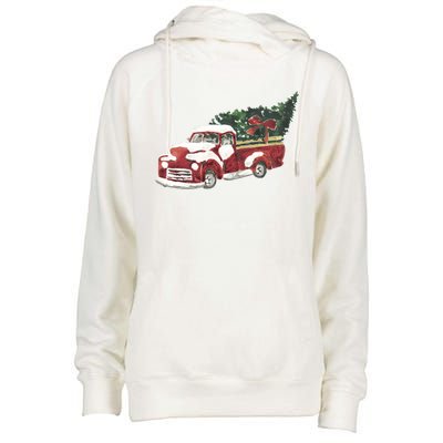 Retro Christmas Holiday Truck Womens Funnel Neck Pullover Hood