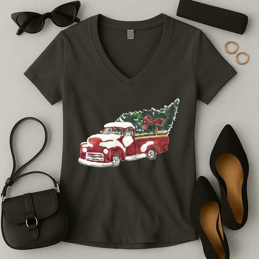 Retro Christmas Holiday Truck Women's V-Neck T-Shirt