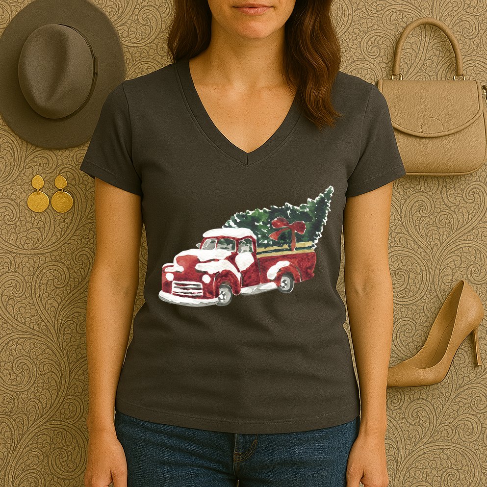 Retro Christmas Holiday Truck Women's V-Neck T-Shirt