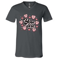 Retro Candy Heart Teacher Valentine's Day You Are Enough V-Neck T-Shirt