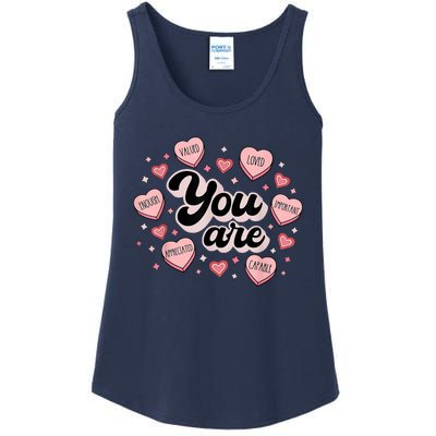 Retro Candy Heart Teacher Valentine's Day You Are Enough Ladies Essential Tank