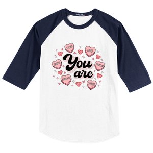 Retro Candy Heart Teacher Valentine's Day You Are Enough Baseball Sleeve Shirt