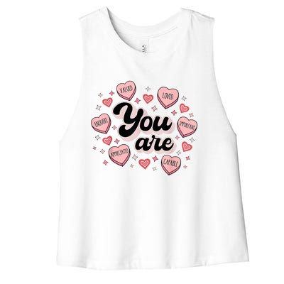 Retro Candy Heart Teacher Valentine's Day You Are Enough Women's Racerback Cropped Tank