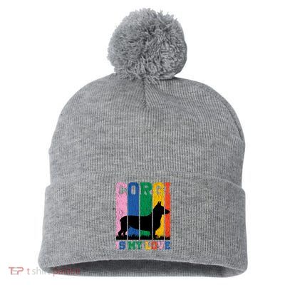 Retro Corgi Is My Love Pom Pom 12in Knit Beanie