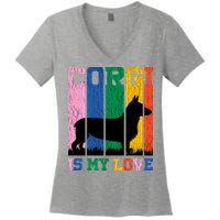 Retro Corgi Is My Love Women's V-Neck T-Shirt