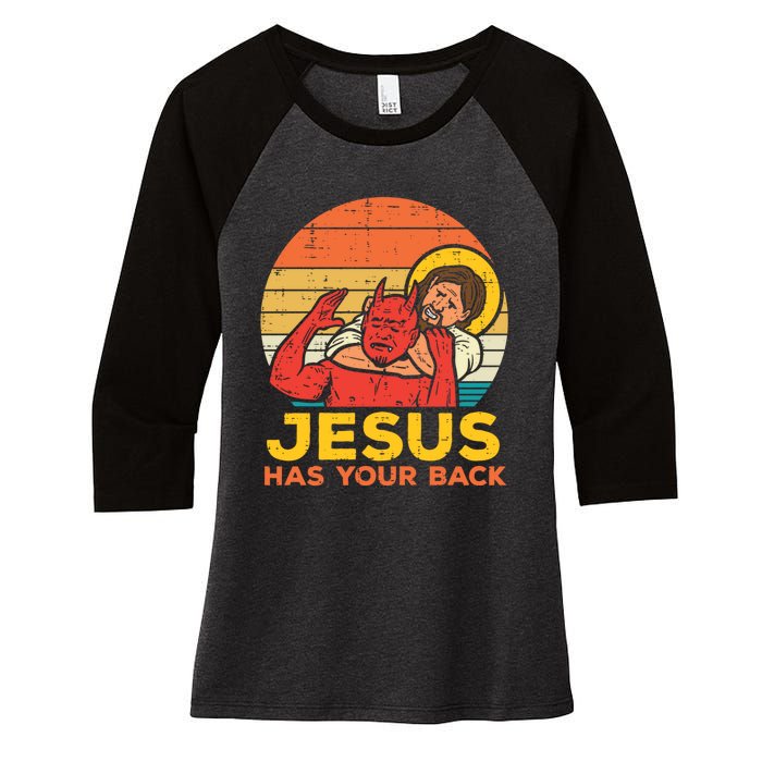 Retro Christian Jesus Has Your Back Jiu Jitsu Women's Tri-Blend 3/4-Sleeve Raglan Shirt